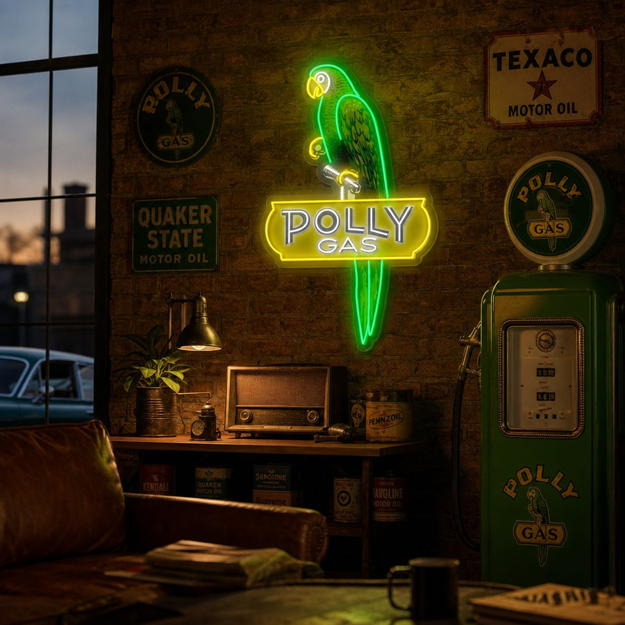 A photorealistic mockup of the lit Poll Gas Logo neon sign against a dark textured wall, featuring realistic-looking glowing white tubing.