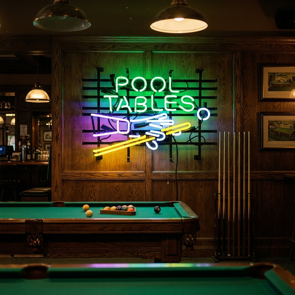 A vibrant 'Pool Tables Billiards' neon sign featuring red and white lettering with a billiard rack graphic, glowing against a dark brick wall.
