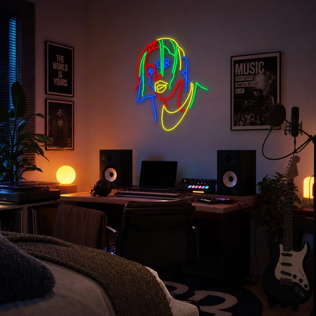 A stylish Pop Music Rapper Singer neon sign glowing above a bed in a modern bedroom setting.