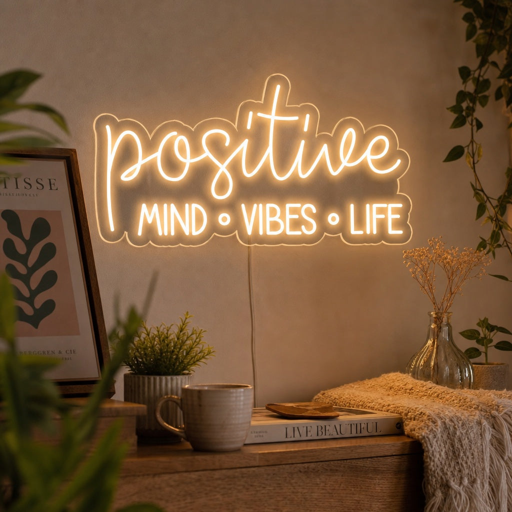 Positive Mind Vibes Life glowing neon wall sign styled in a modern living space.