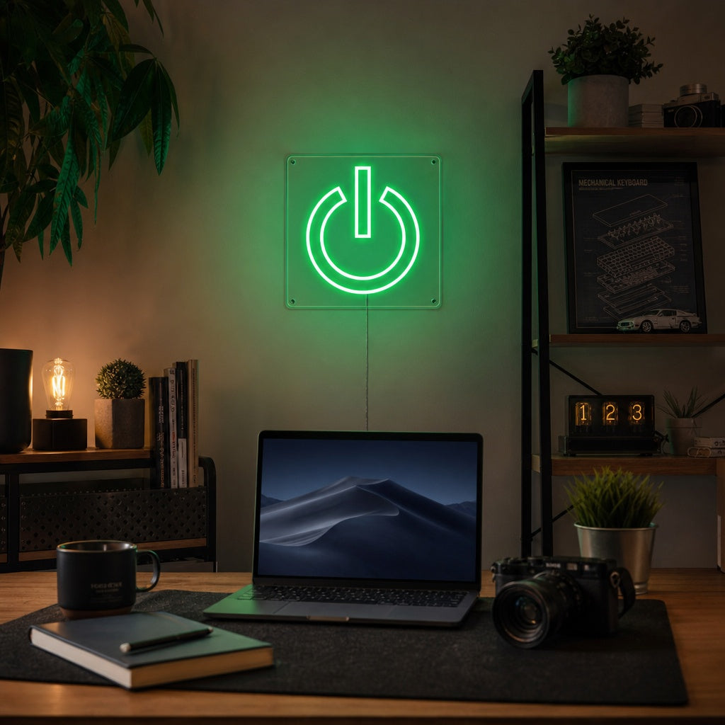 A vibrant green neon sign depicting a power symbol glowing on a dark wall above a gaming desk with a monitor.