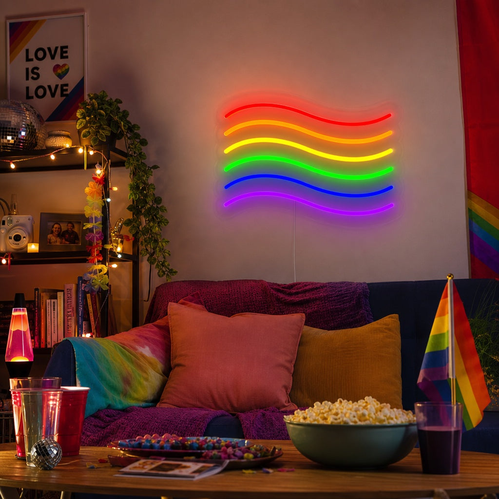 Pride Rainbow Flag neon sign glowing in a stylish, cozy living room above a couch, creating an inclusive atmosphere.