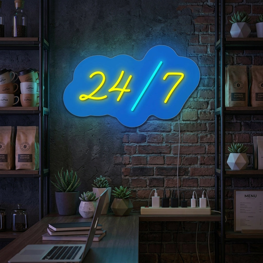 Handmade 'Open 24/7' neon sign displayed prominently in a modern shop setting, offering high-visibility branding.