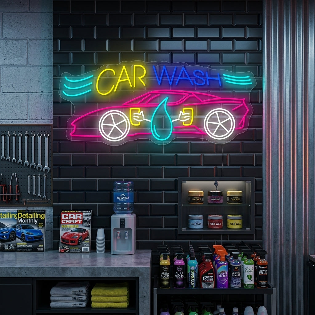 A glowing 'Car Wash' neon sign in bright blue and red script, mounted on a rustic brick wall inside a professional automotive detailing shop. The vibrant light illuminates a nearby vintage car.