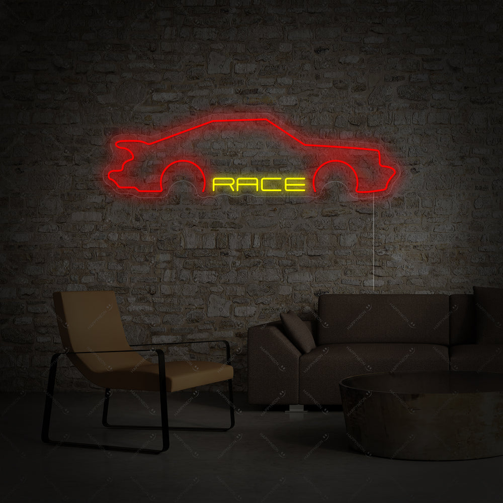 Closeup of the 'Race Car' neon sign showing the detailed glowing tubing, clear acrylic backing, and mounting hardware.