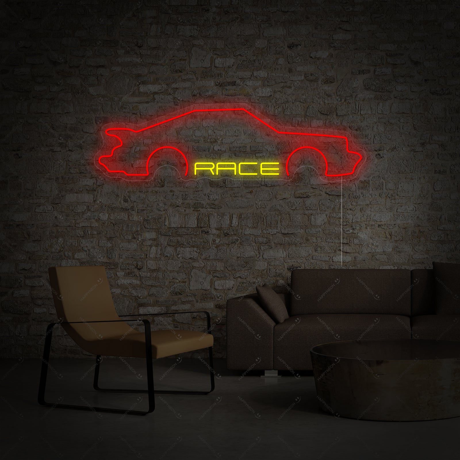 Closeup of the 'Race Car' neon sign showing the detailed glowing tubing, clear acrylic backing, and mounting hardware.