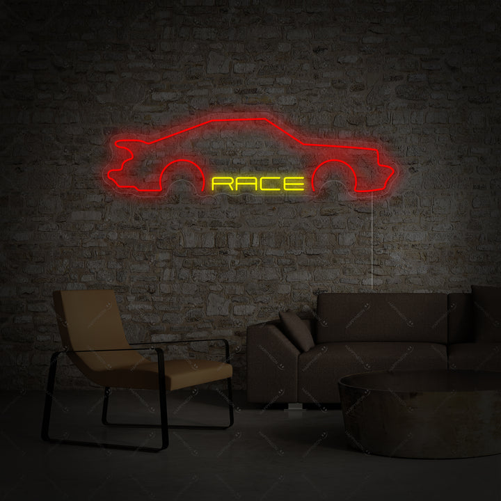 Closeup of the 'Race Car' neon sign showing the detailed glowing tubing, clear acrylic backing, and mounting hardware.