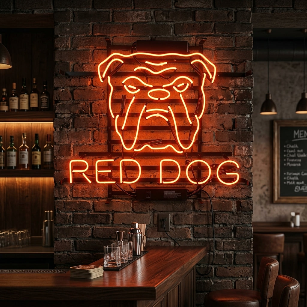 A illuminated 'Red Dog Beer' neon sign featuring the brand dog and text, mounted above several bags of charcoal against a textured wall.