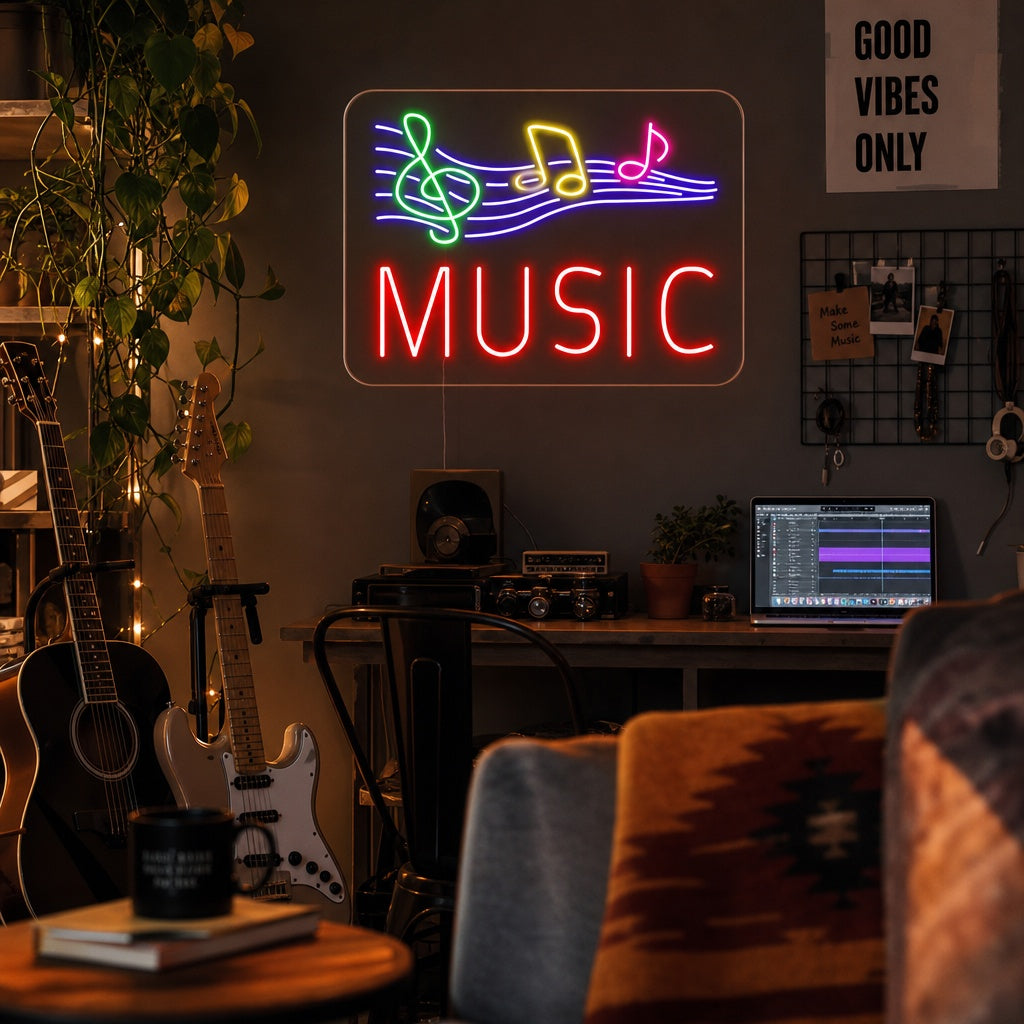 A vibrant 'Music Notes' neon sign with glowing musical symbols including a treble clef and notes, displayed on a dark brick wall in a atmospheric music venue setting, illuminating a piano and microphone in the foreground.