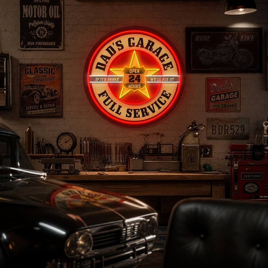 Retro 'Dads Garage' circular neon sign with Mobil-inspired star and text, shown glowing brightly.