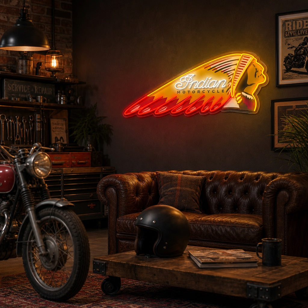 A illuminated neon sign featuring a retro motorcycle design, glowing with yellow and white light against a blurred background of a dimly lit garage or shop.