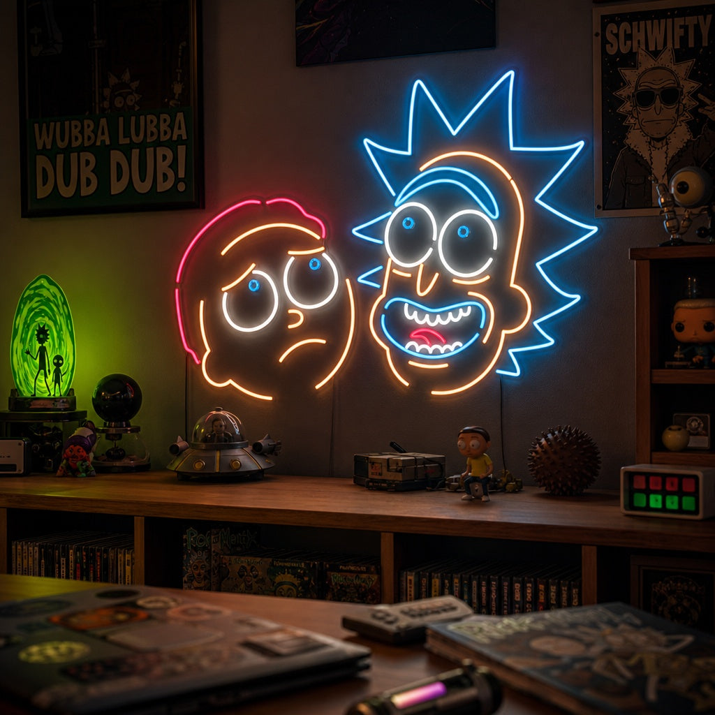 Vibrant blue and green neon sign featuring the animated faces of Rick Sanchez and Morty Smith from Rick and Morty.