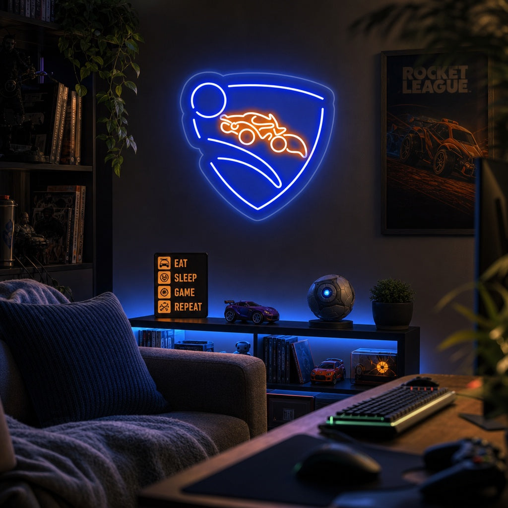 A glowing Rocket League neon sign displayed on a wall in a gaming room environment, featuring the game's logo.
