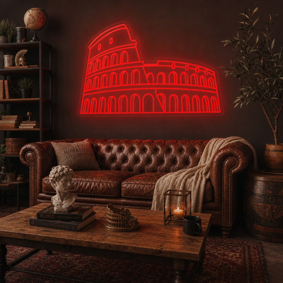 A glowing neon wall sign depicting the historic Rome Colosseum, mounted in a modern living room setting.