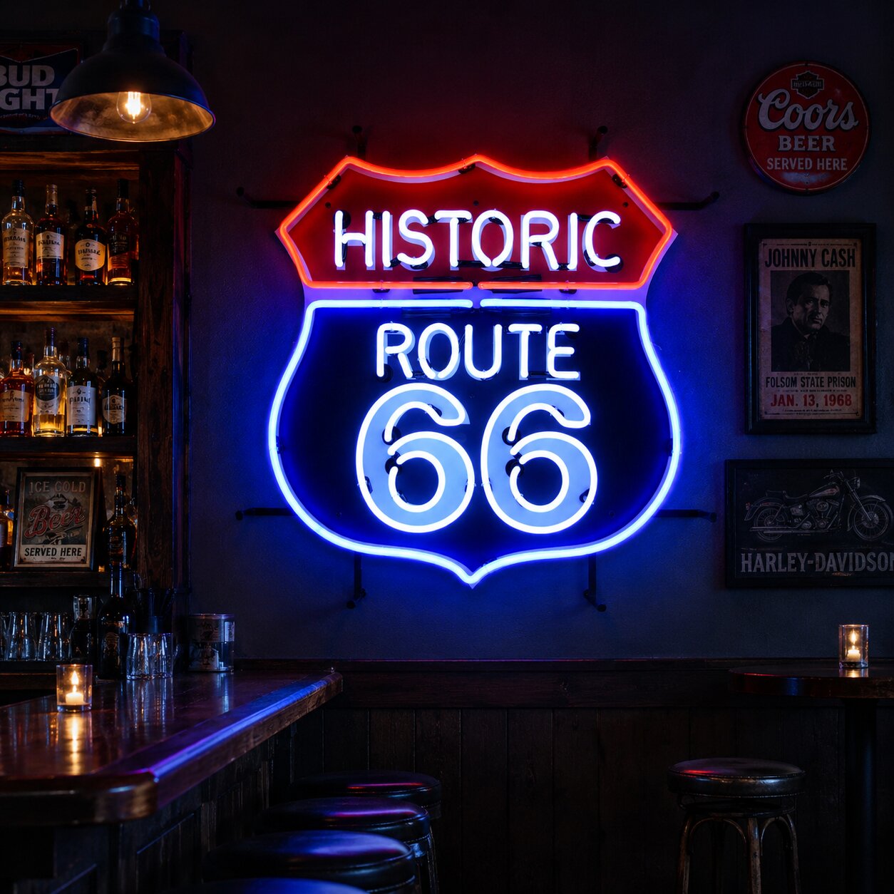 A glowing blue Route 66 neon sign, mounted on a dark wooden slatted wall, illuminates the space.