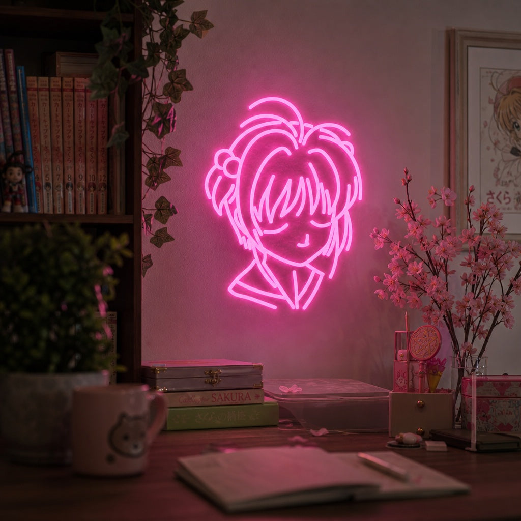 Pink illuminating Sakura Kinomoto anime head neon sign displayed as wall decor in a modern gaming or bedroom setup.
