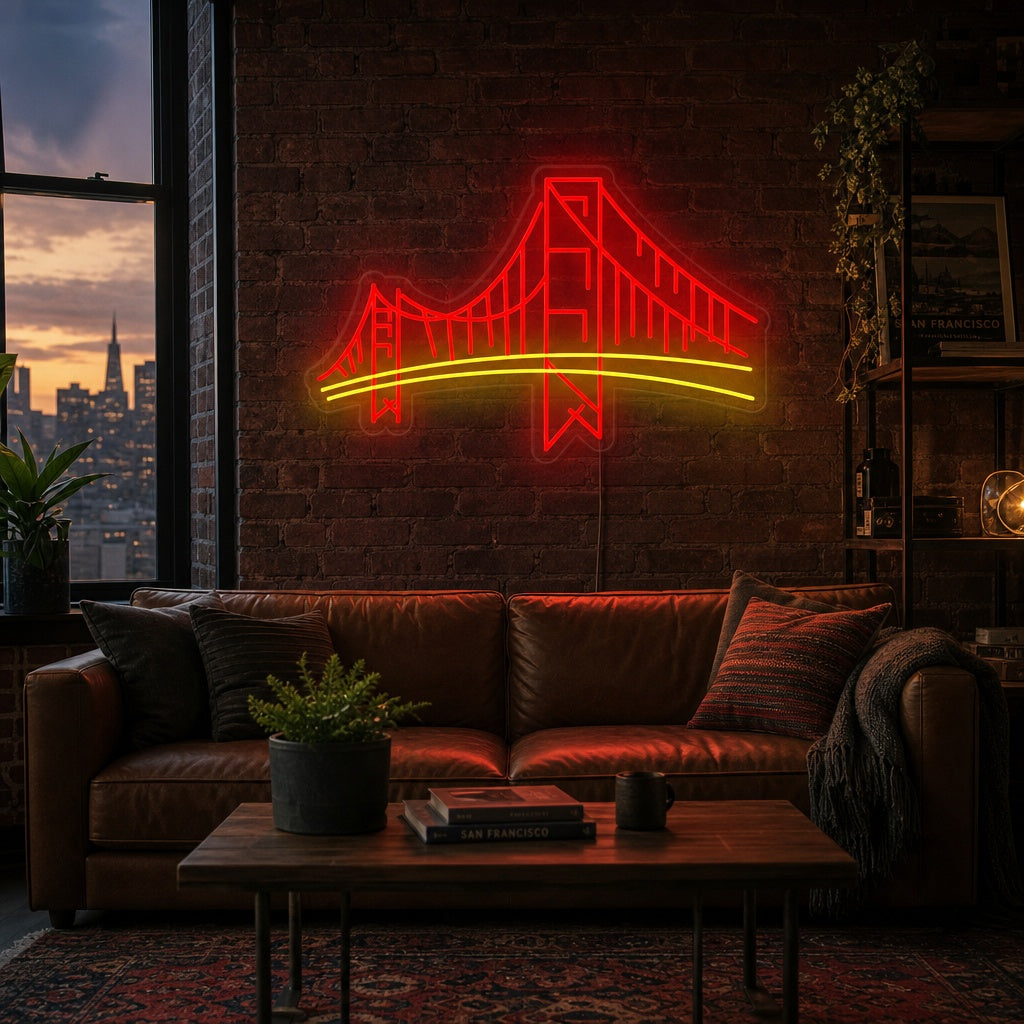 Lifestyle image of the San Francisco Golden Gate Bridge neon sign glowing subtly on a curated shelf, surrounded by plants and framed pictures.