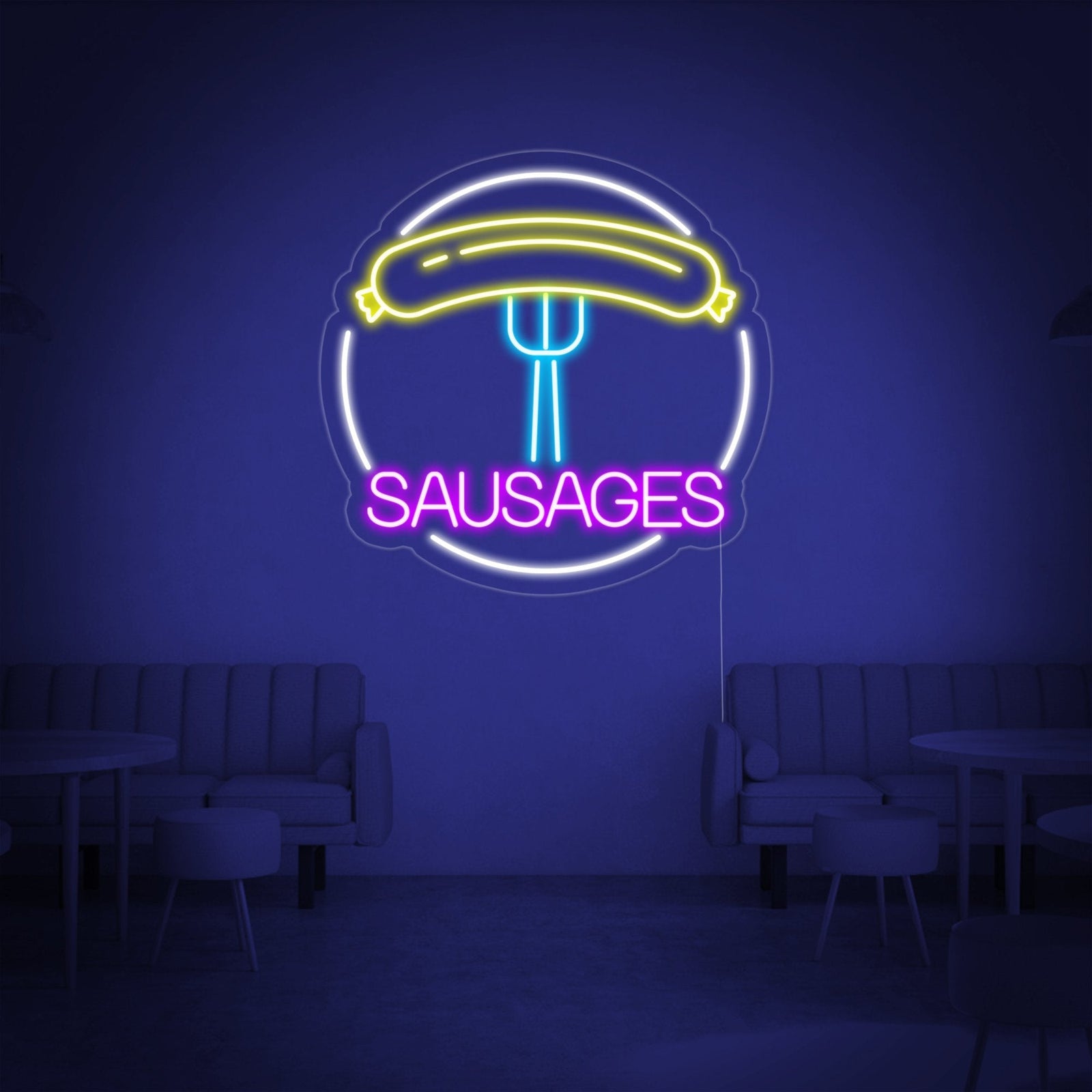 Detailed product shot of the "Sausages with Circle" neon sign, showcasing the quality tubing, acrylic backing, and clear wiring.