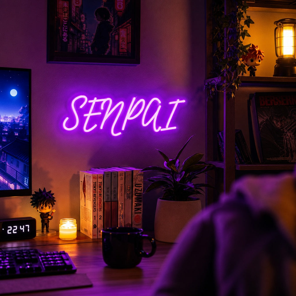 A glowing 'Senpai' neon sign in vibrant script, designed as wall decor.