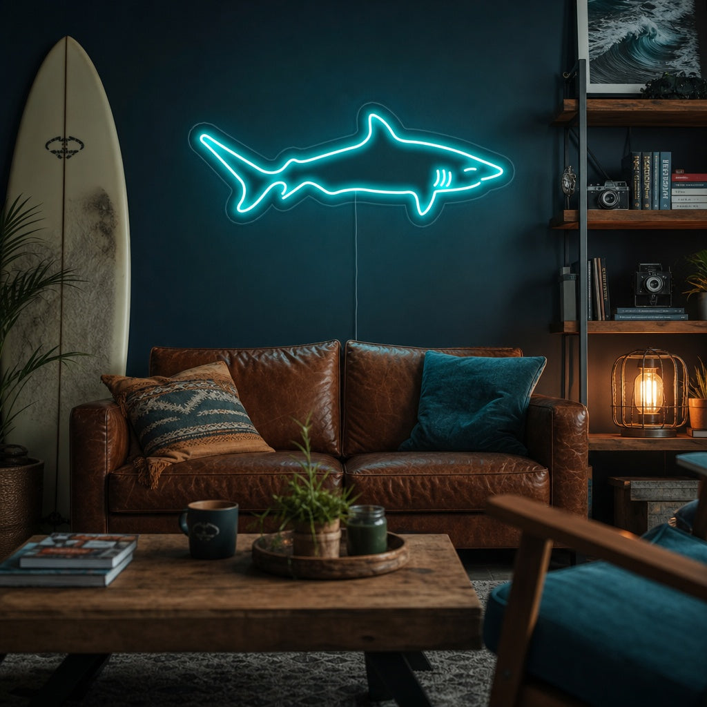 A bright blue shark neon sign mounted on a bedroom wall above a shelf with ocean decor, casting a cool glow across the room.