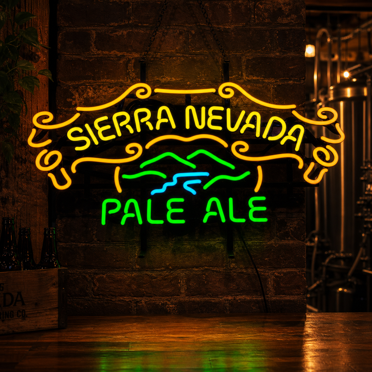 Sierra Nevada Pale Ale neon sign displayed in a dimly lit bar setting with people in the background