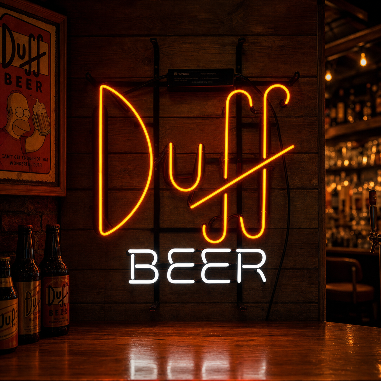 A glowing red and yellow neon sign featuring the 'Duff Beer Bar' logo mounted on a rustic wooden wall, illuminating a dark room.
