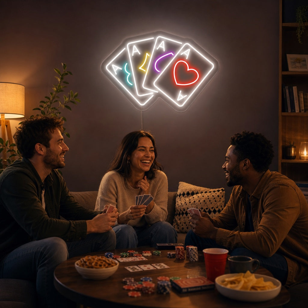 A vibrant 'Poker' neon sign glowing above a blackjack table and roulette wheel in a dimly lit gaming room setting.