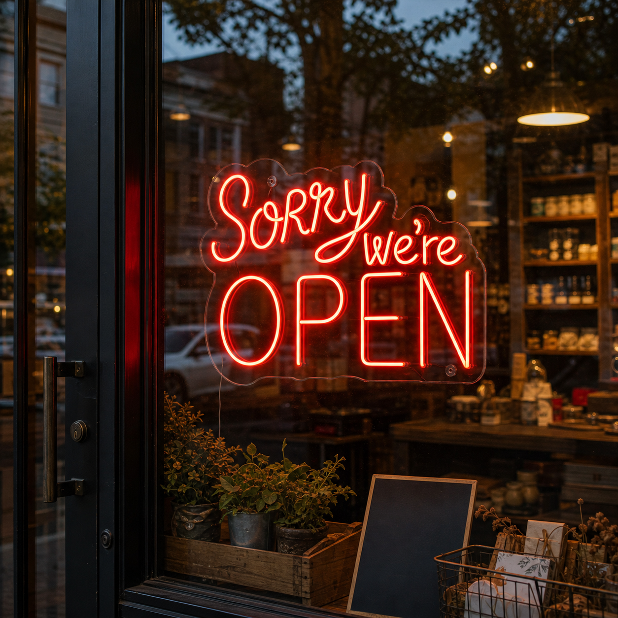 A glowing 'Sorry We Are Open' neon sign mounted on a brick wall within a stylish, modern retail store or cafe environment.
