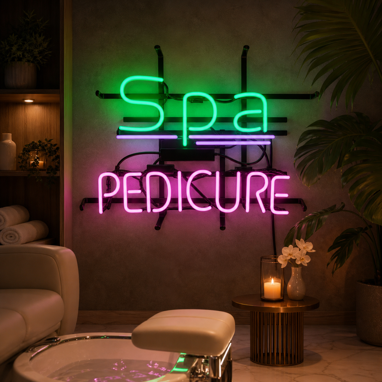 A real, glowing blue and pink "Spa Pedicure" neon sign with white lettering and a flower graphic, mounted on a textured brick wall with visible wiring.