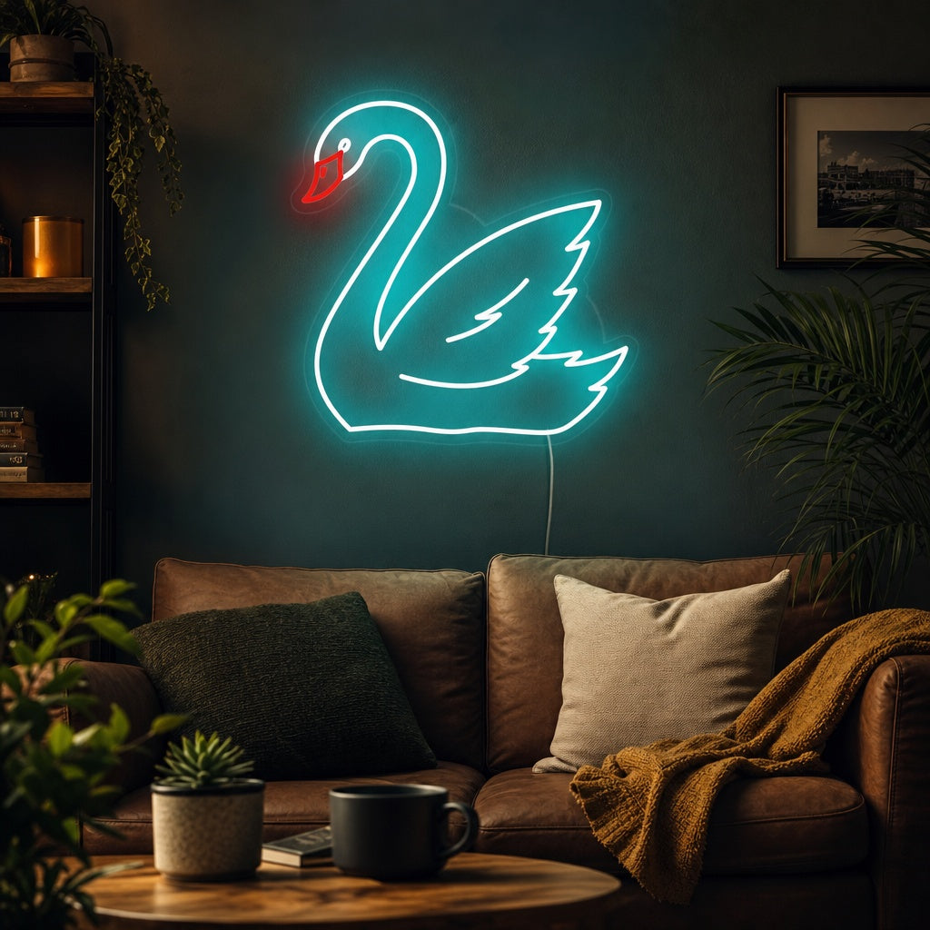 A glowing blue Swan animal neon sign hanging on a dark wall above a cozy seating area in a modern living room