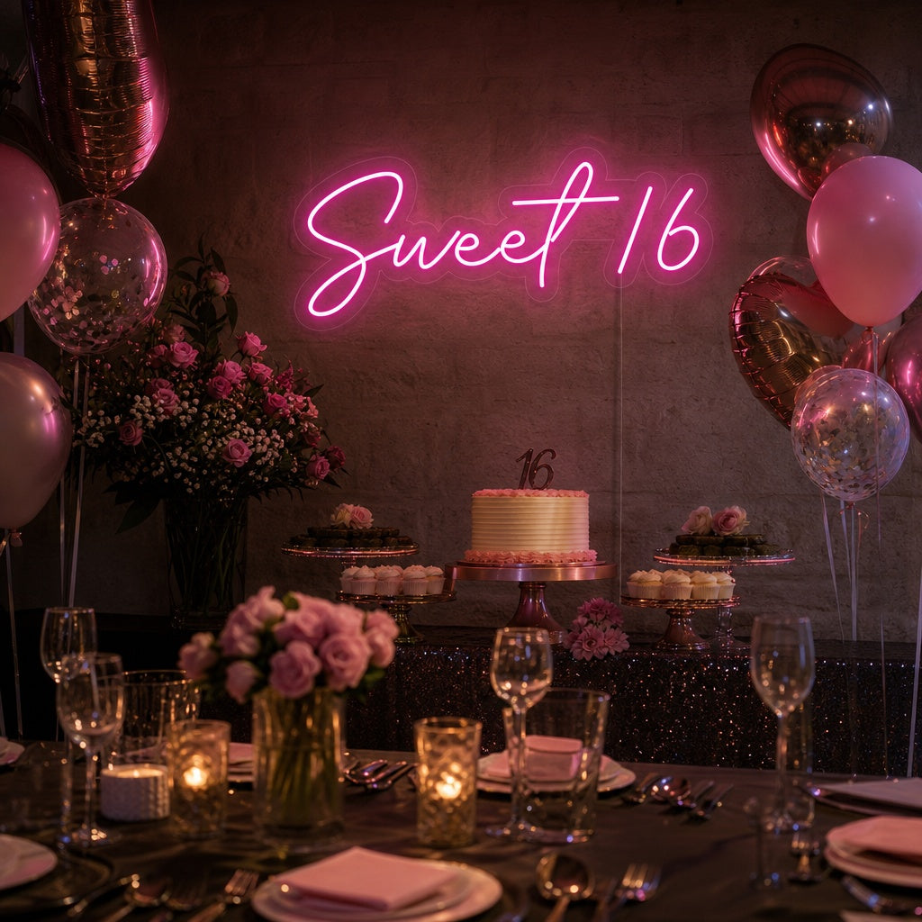 Sweet 16 neon sign glowing in bright pink script font against a modern, textured wall, perfect for birthday party decor.