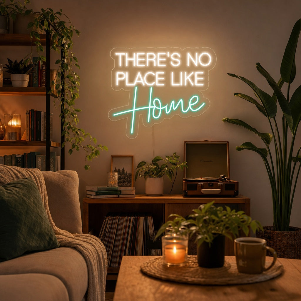 A cozy living room wall featuring a glowing "There's No Place Like Home" neon sign in white script lighting.