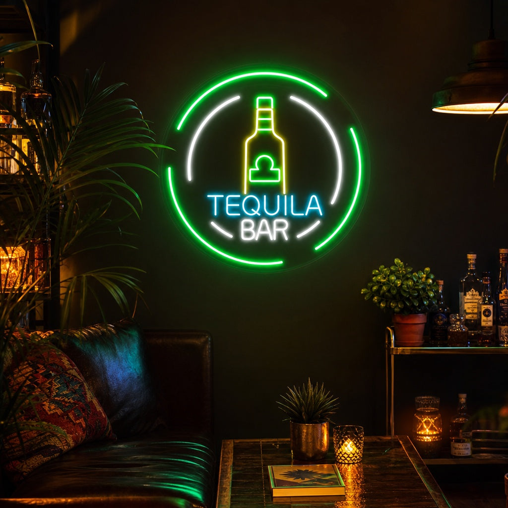 A glowing blue Tequila Bar neon sign with warm yellow accents, hanging above a rustic wooden home bar with tequila bottles and limes.