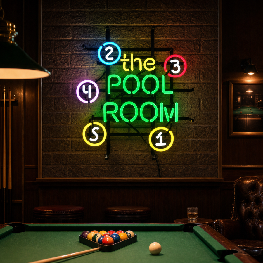 Close-up photograph of a brightly lit neon sign that says "The Pool Room" on a dark, textured wall.