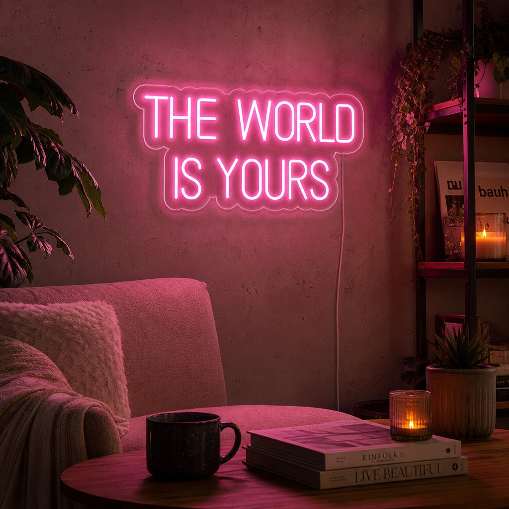 A lifestyle shot of "The World is Yours" neon sign glowing in a modern home office setting.