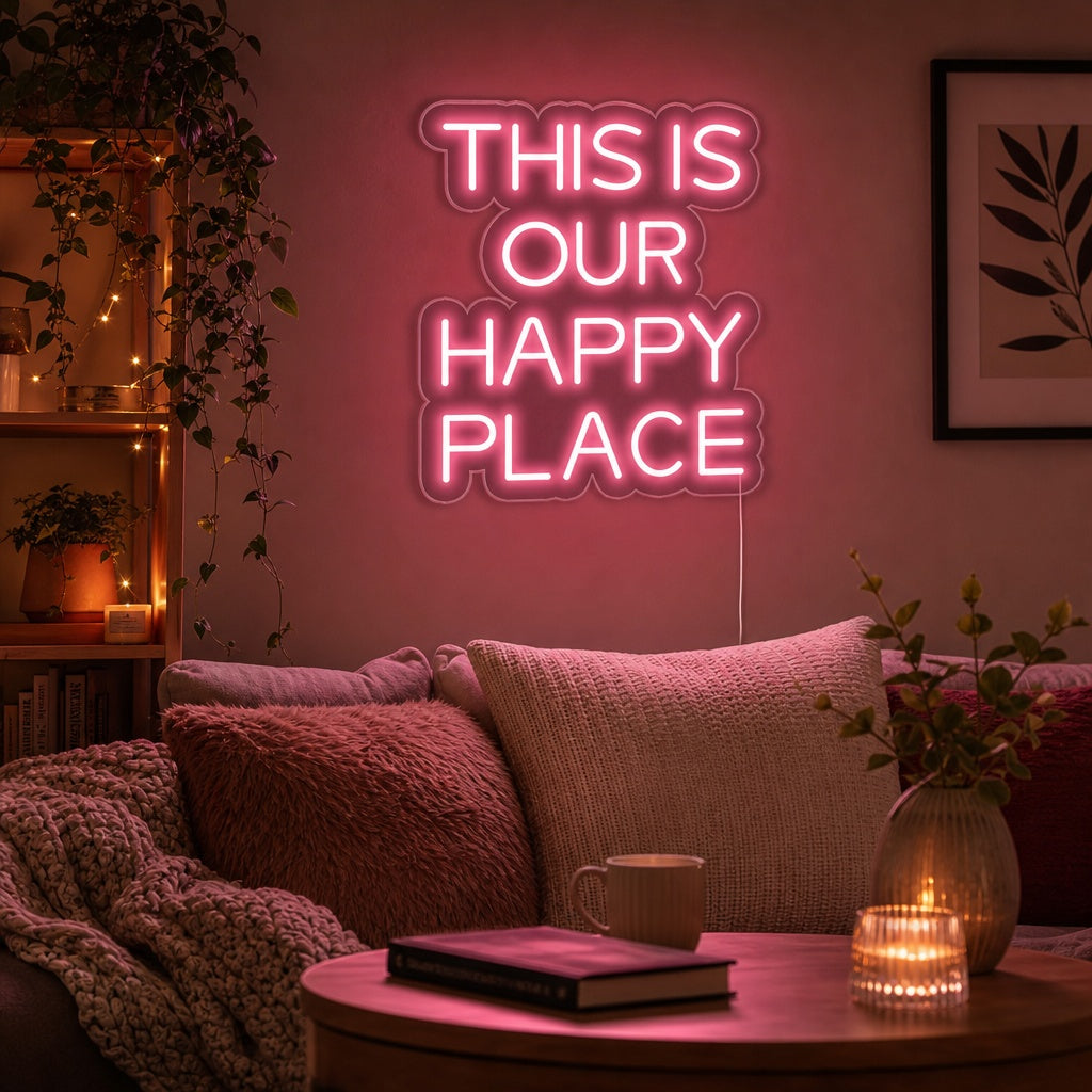 Lifestyle image of 'This is Our Happy Place' neon sign illuminating a cozy living room, mounted above a couch.