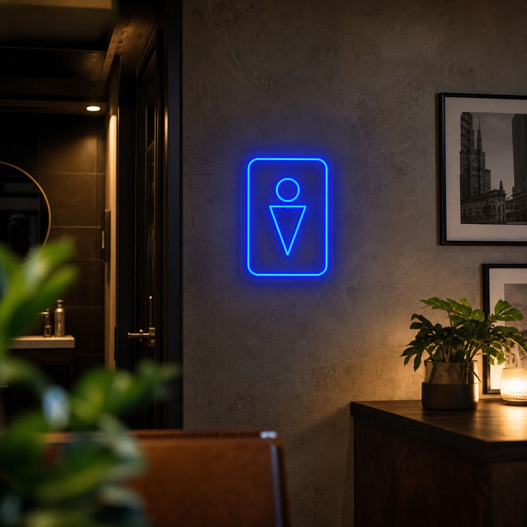 A vibrant green Man Symbol WC neon sign glowing on a black wall above a clean, modern bathroom vanity area.