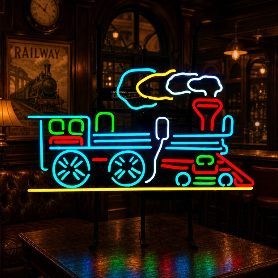 A physical neon sign featuring a retro train design, glowing brightly and mounted on a wall.