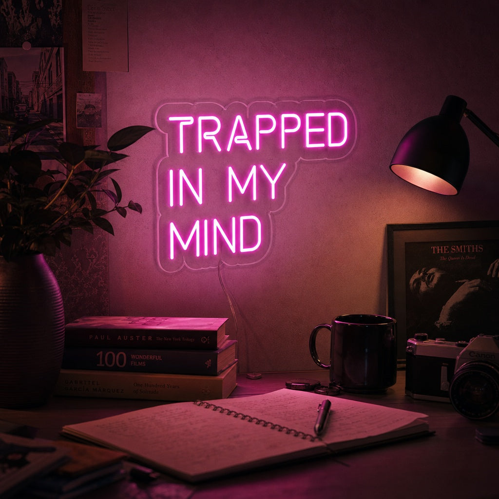 'Trapped in My Mind' neon sign in red text with a stylized brain graphic, mounted on a rustic wooden plank wall above a couch in a cozy room.
