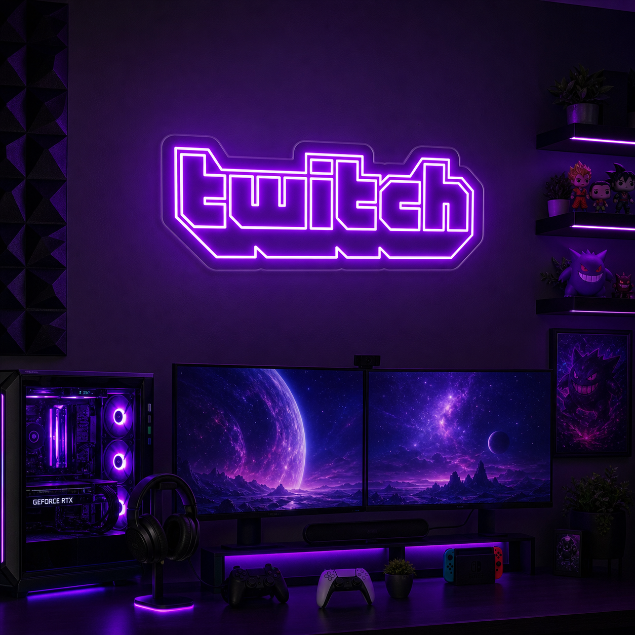 Glowing Twitch logo neon sign displayed on a dark grey wall above a modern gaming desk setup with glowing RGB peripherals and dual monitors.