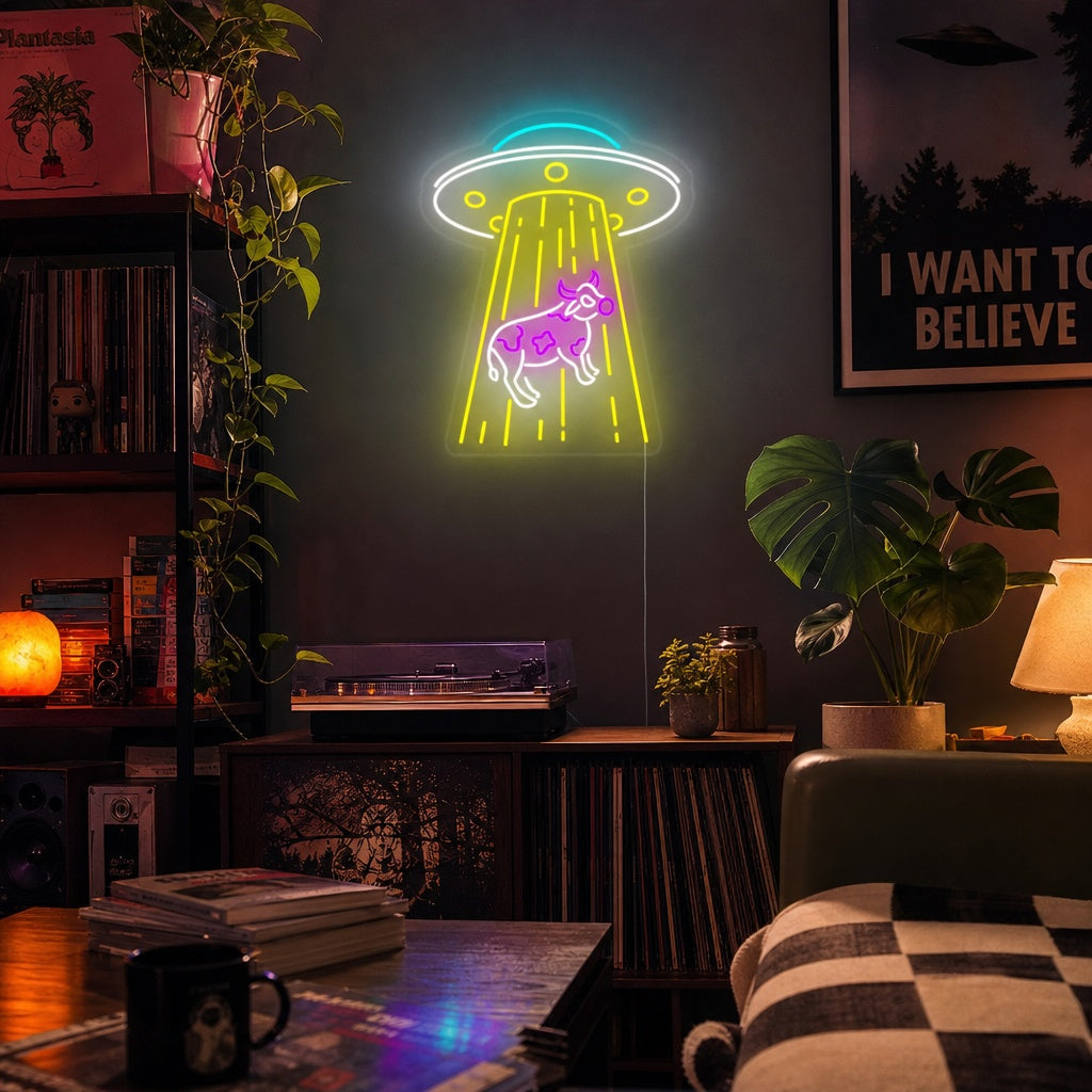"UFO Abducting Cow" Neon Sign