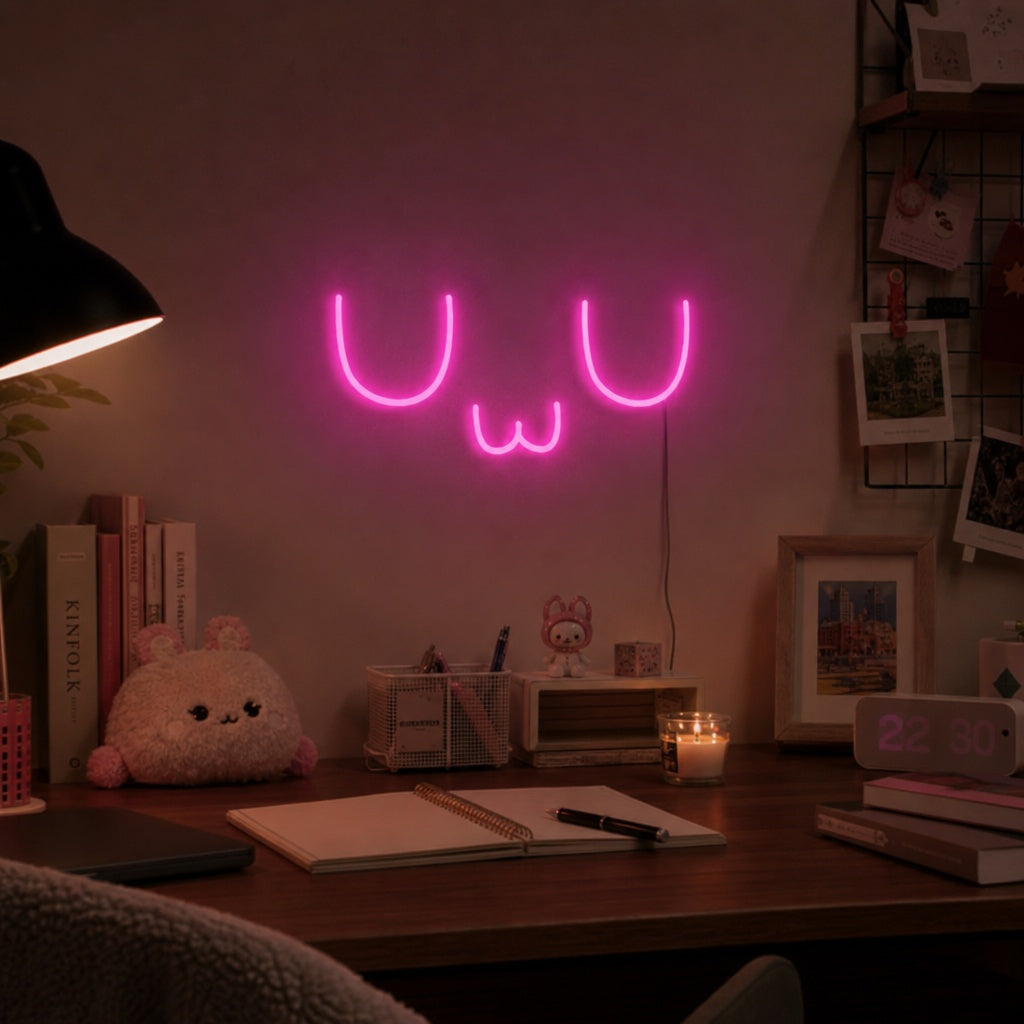 UwU emoticon neon sign glowing with colorful light on a textured background.