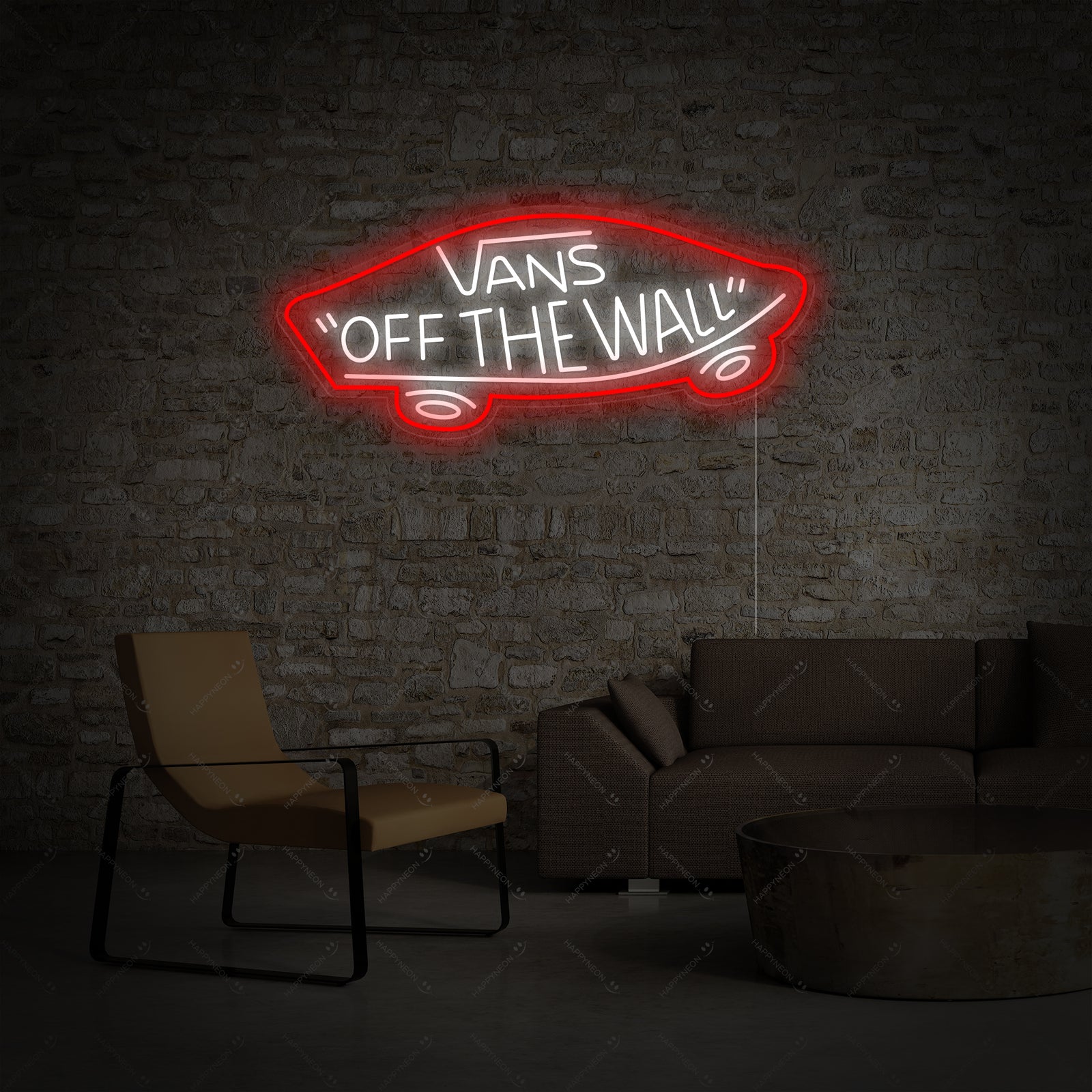 A glowing Vans Off The Wall neon sign hanging on an exposed brick wall, showing the detailed tubing and mounting backing.