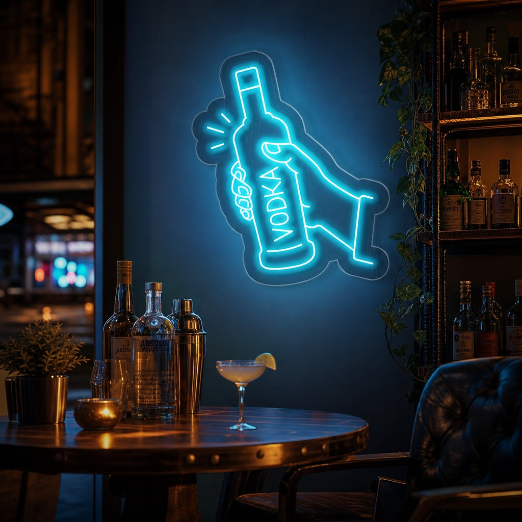 Vibrant vodka bottle neon sign glowing orange against a dark brick wall in a home bar setting.