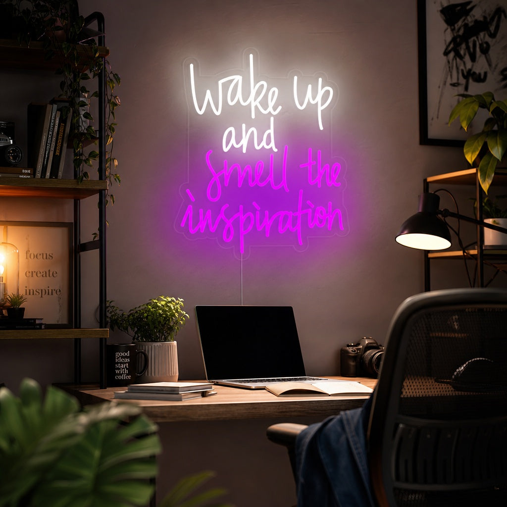 "Wake Up and Smell the Inspiration" neon sign displayed on a living room wall above a velvet sofa.