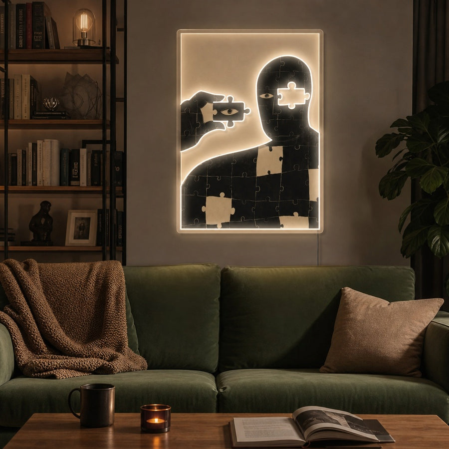 Close up view of the Whole Puzzle UV printed neon sign design featuring a colorful abstract graphic with glowing neon outlines, mounted on a textured wall.