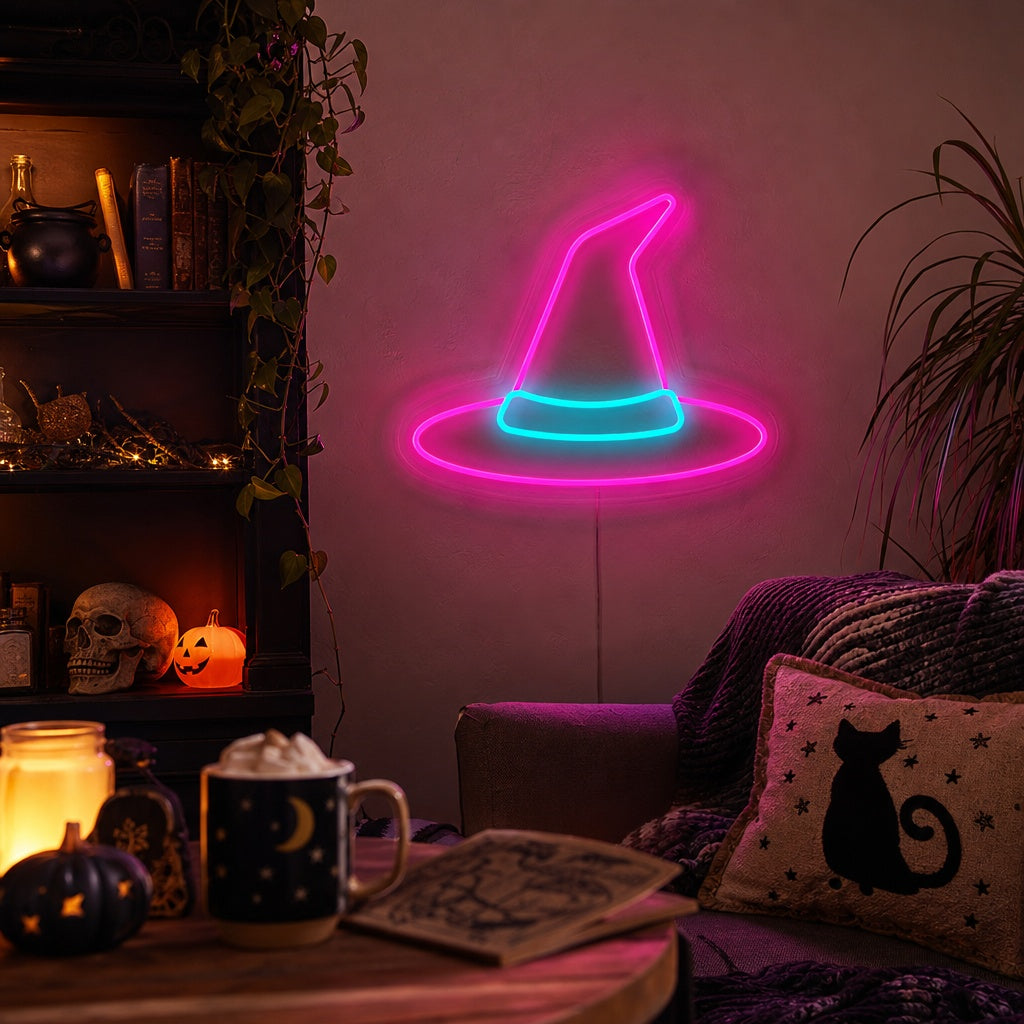"Witch Wizard Hat Halloween Decor" Neon Sign