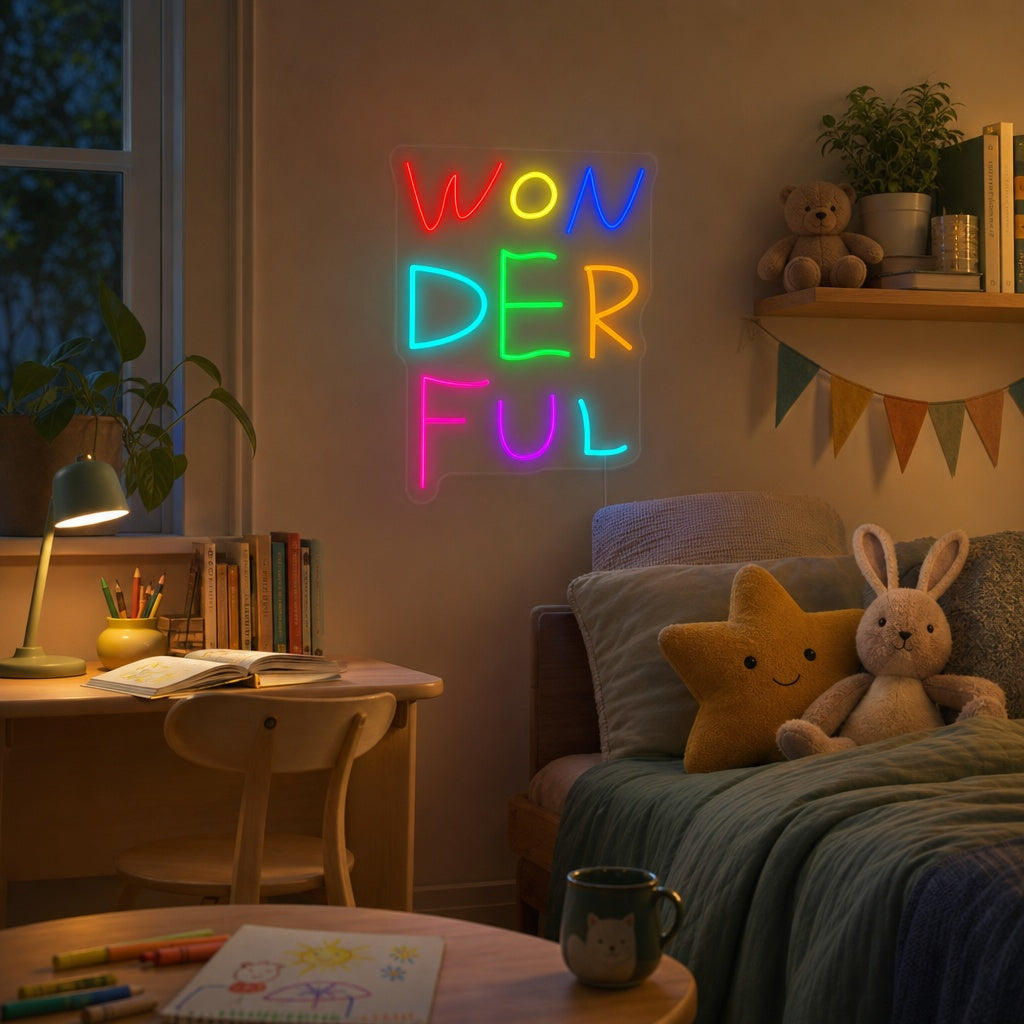 A lifestyle photograph of a 'Wonderful' cursive neon sign glowing in a stylish kid's bedroom setting.
