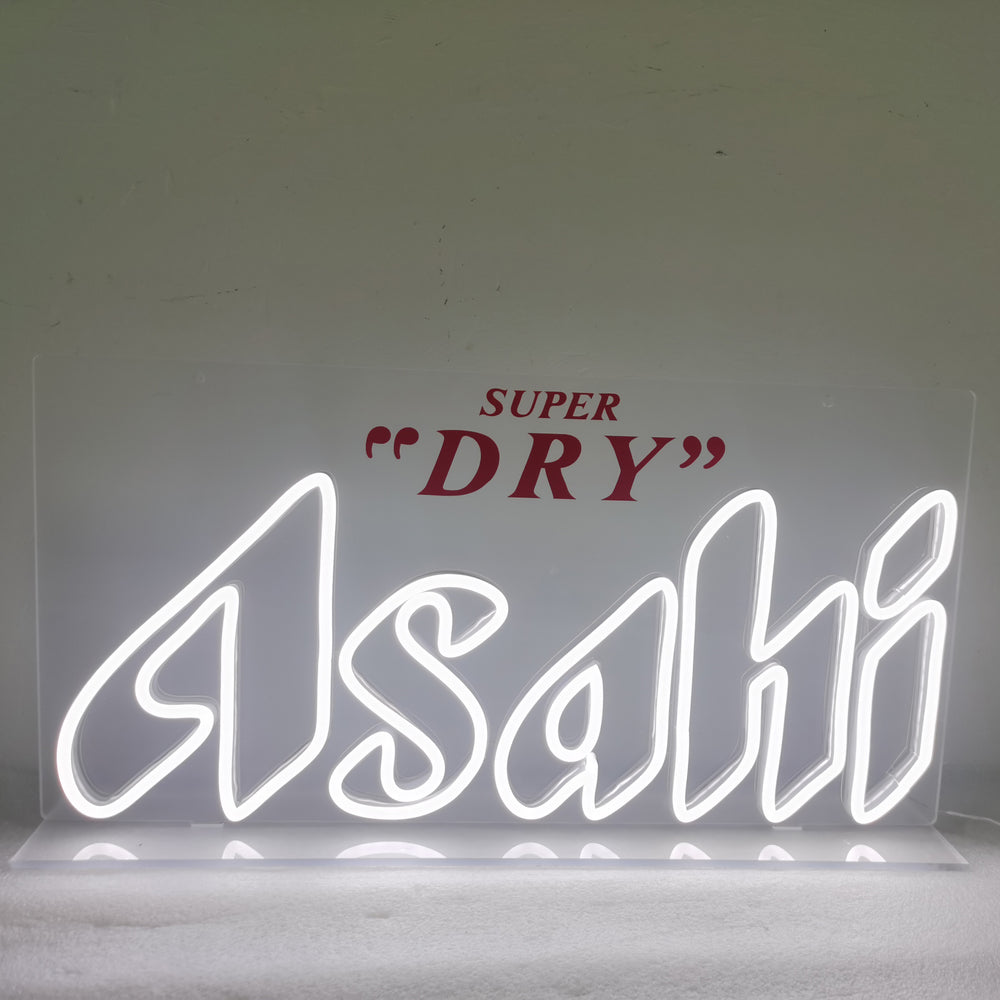 Finished Asahi Super Dry logo neon sign glowing in white and red