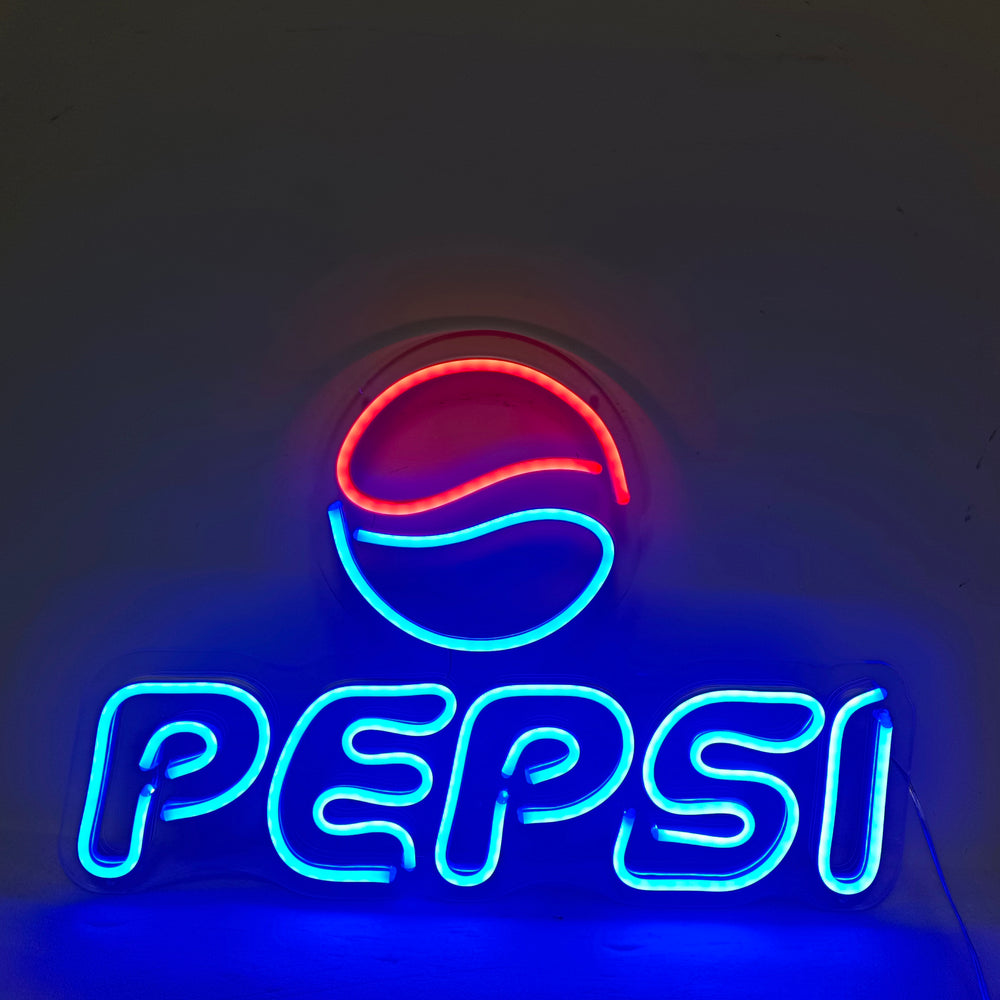 Finished Pepsi logo neon sign glowing in red and blue